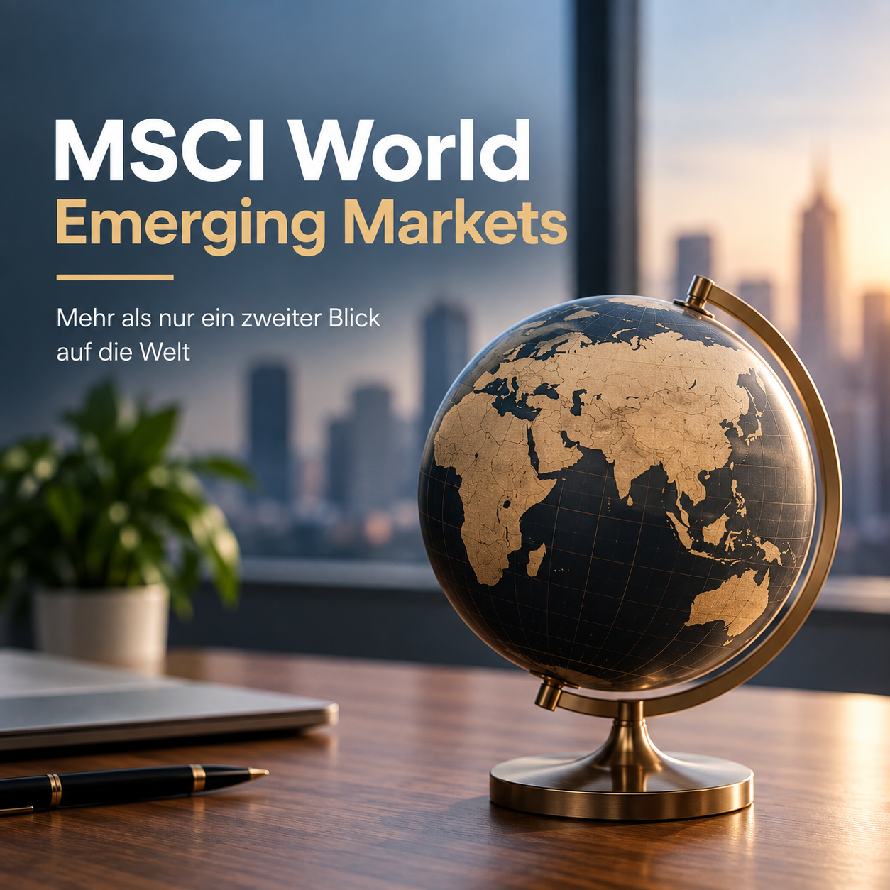 MSCI Emerging Markets ETF mit stilisiertem Globus auf einem Schreibtisch in moderner Büroatmosphäre.