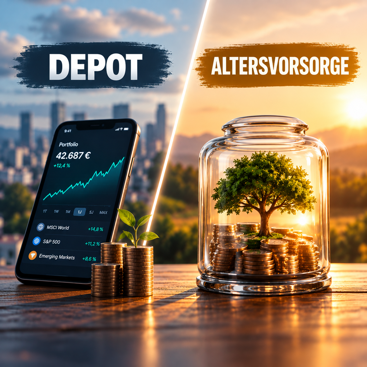 Depot und Altersvorsorge im Vergleich: ETF-Depot mit Smartphone und Wertentwicklung gegenüber langfristigem Vermögensaufbau mit Münzen und Baum.