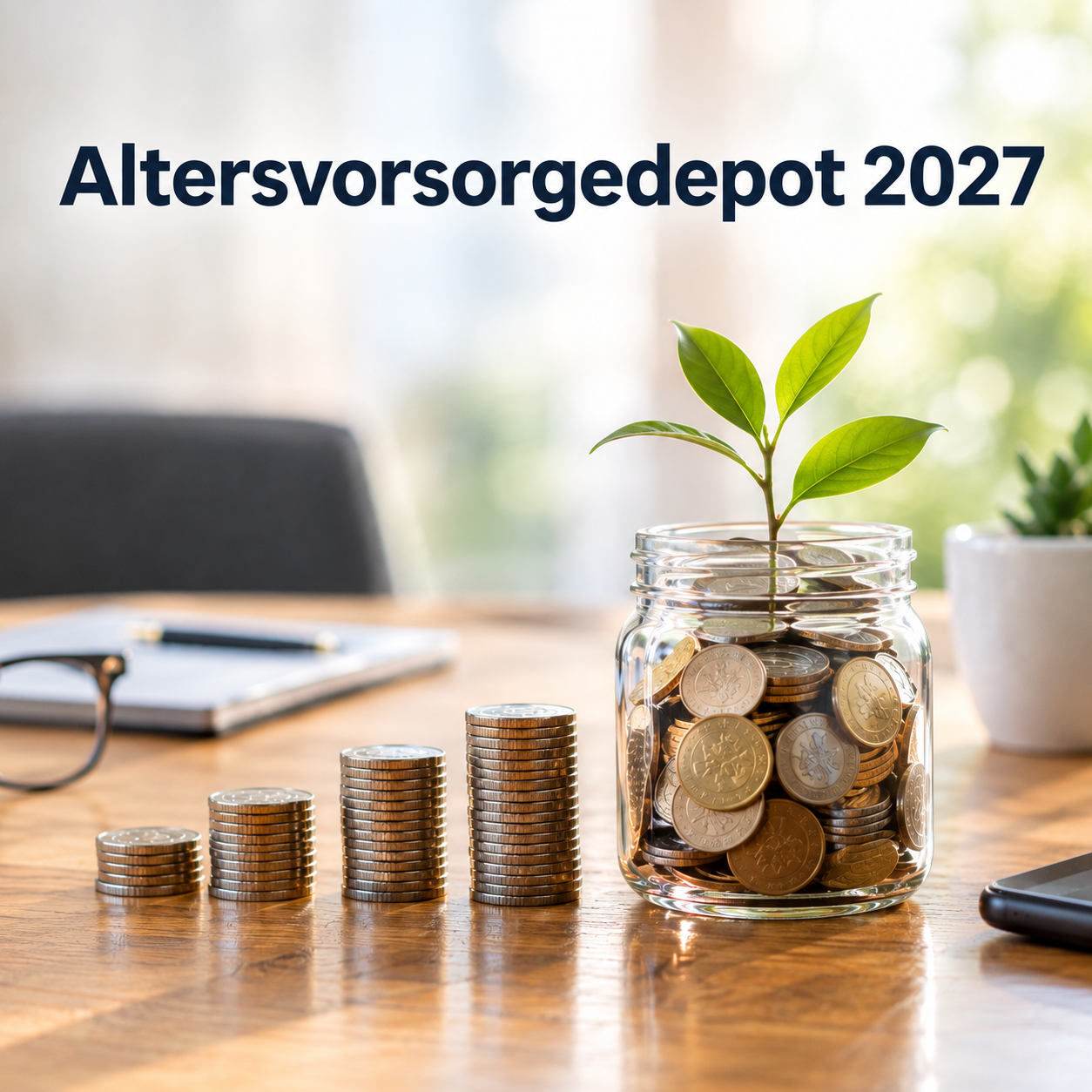 Altersvorsorgedepot - Glas mit Geld, in welchem ein Baum wächst.
