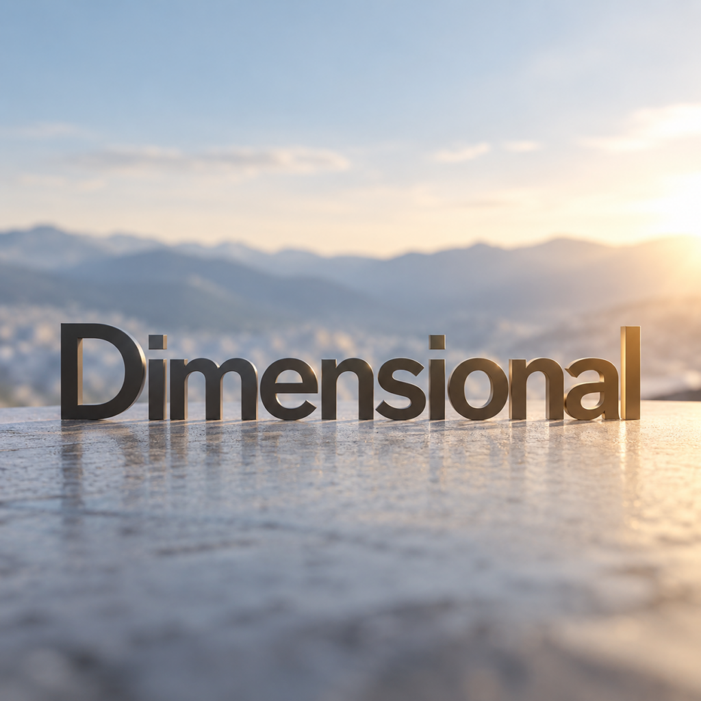 Dimensional ETF: modernes, realistisches Finanzmotiv mit dem Schriftzug „Dimensional“ vor einer stilisierten Berglandschaft.