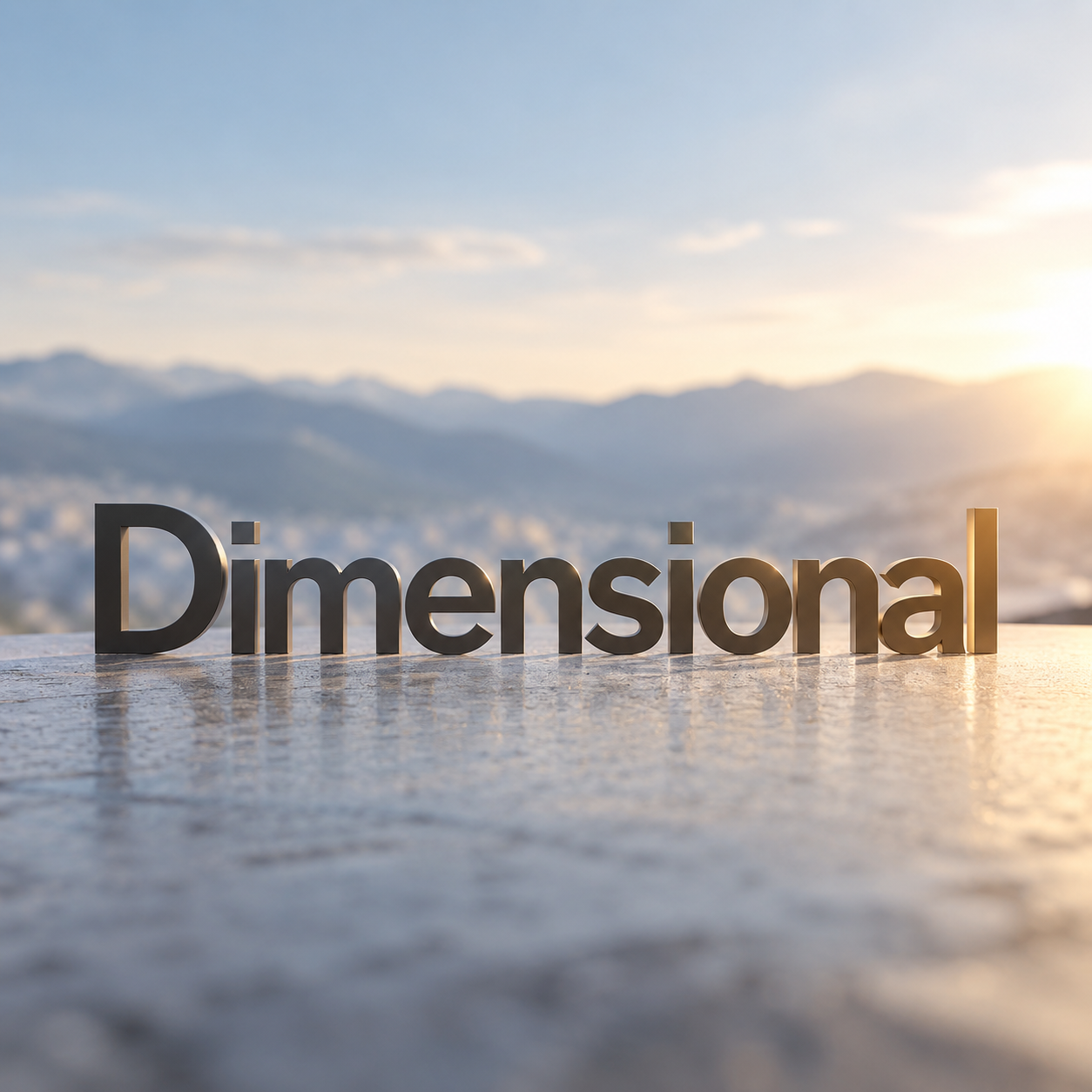 Dimensional ETF: modernes, realistisches Finanzmotiv mit dem Schriftzug „Dimensional“ vor einer stilisierten Berglandschaft.