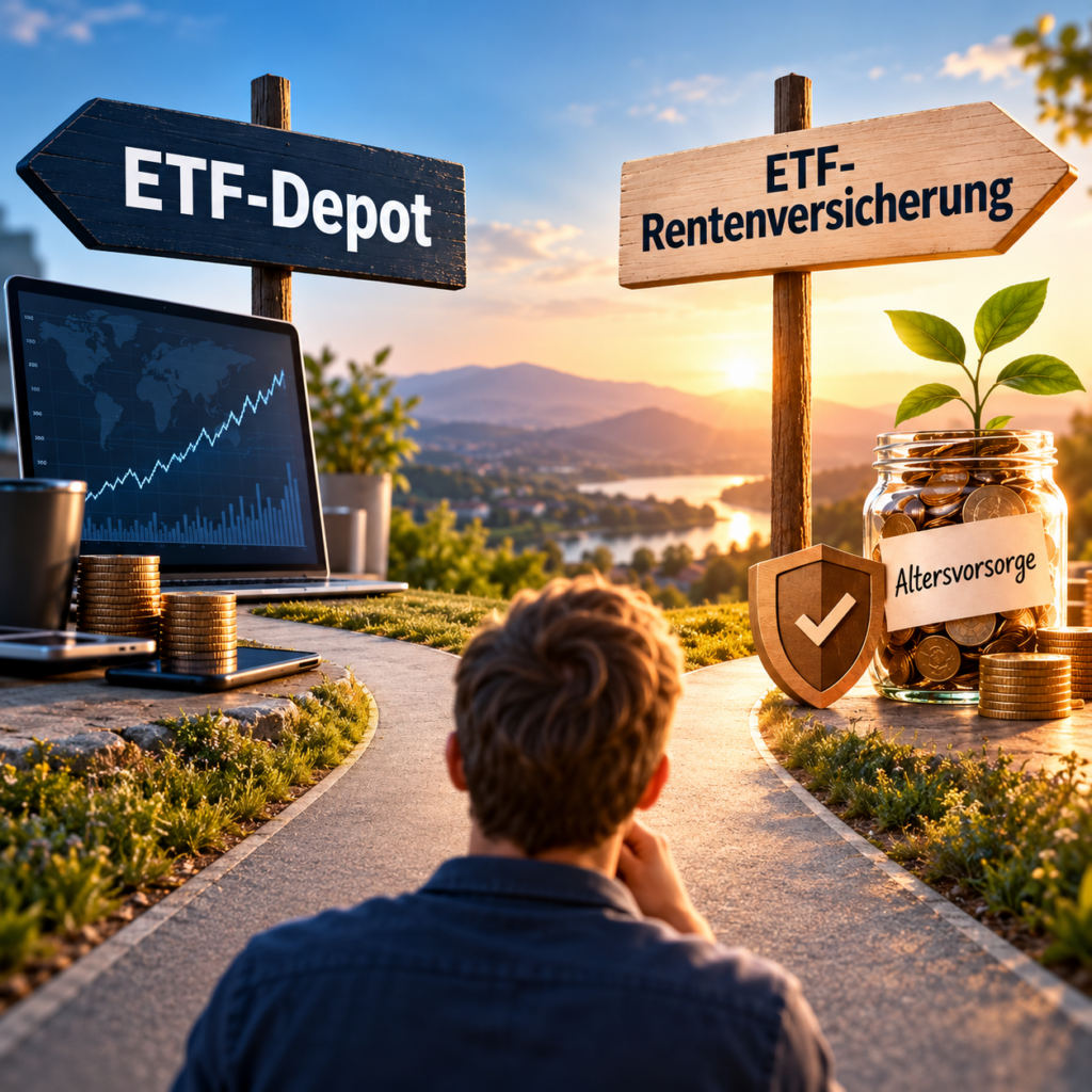 Quadratischer Bildvergleich von ETF-Depot und ETF-Rentenversicherung mit Börsenchart, Münzen und Altersvorsorge-Sparglas. Symbolisiert den Vermögensaufbau und die steuerlichen Unterschiede bei der privaten Altersvorsorge.