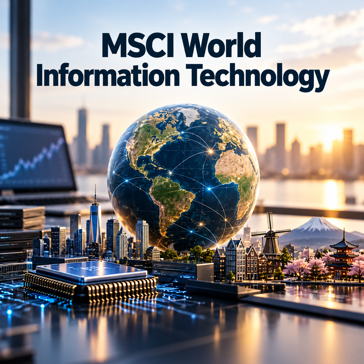 MSCI World Information Technology: Globus mit digitalem Netzwerk, Mikrochips und Finanzdiagrammen als Symbol für globale Technologieunternehmen und langfristigen Vermögensaufbau.
